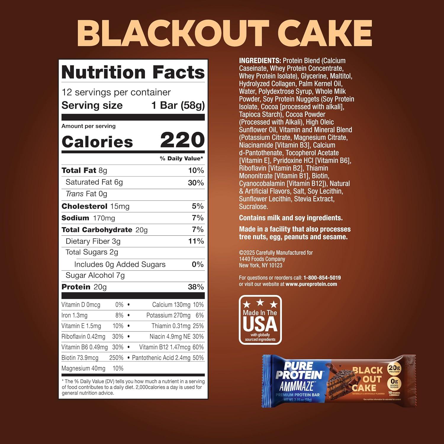 image:imagePure Protein AMMMAZE Blackout Cake Protein Bars 12 Count 20g Protein 3g Fiber No Added Sugar Chocolate Meal Replacement On the Go SnacksBlackout Cake