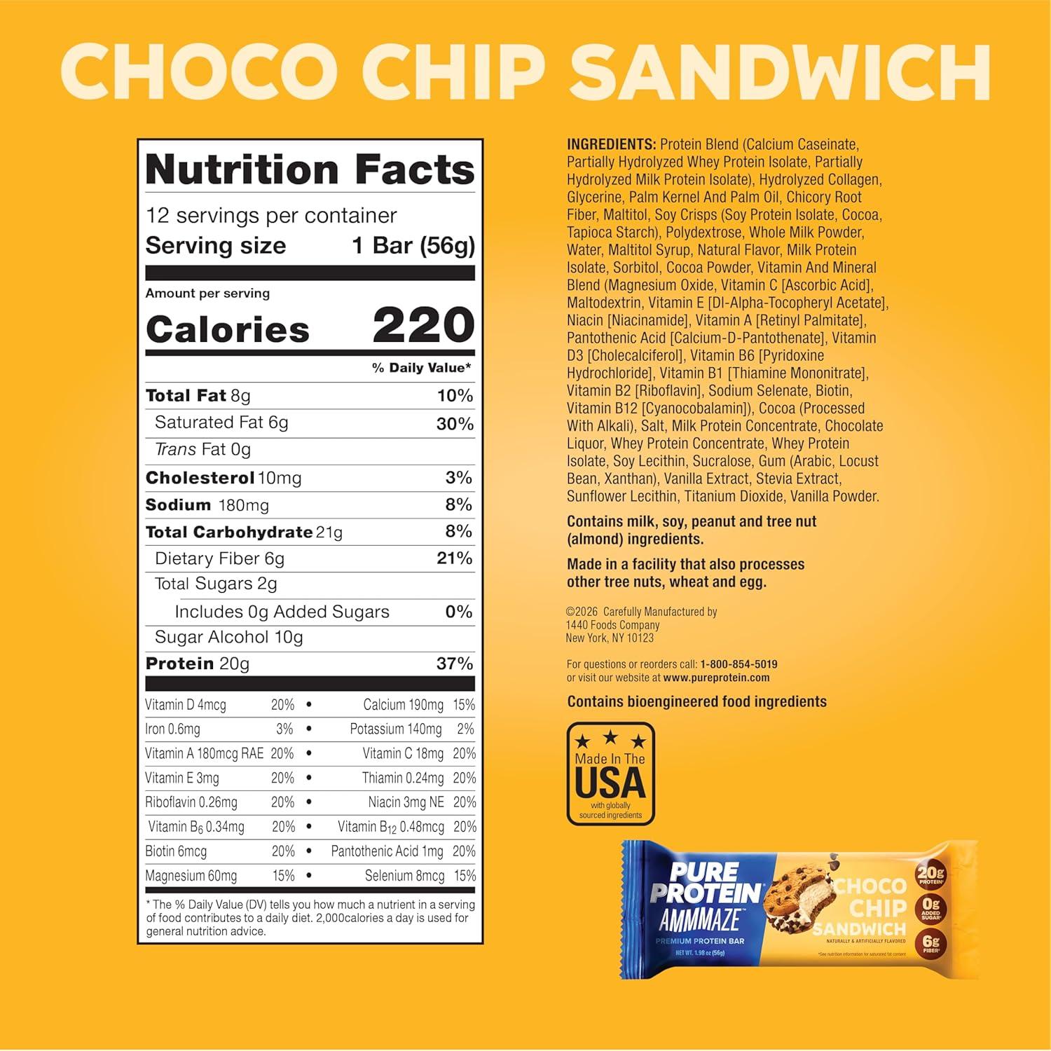 image:imagePure Protein AMMMAZE Blackout Cake Protein Bars 12 Count 20g Protein 3g Fiber No Added Sugar Chocolate Meal Replacement On the Go SnacksChocolate Chip
