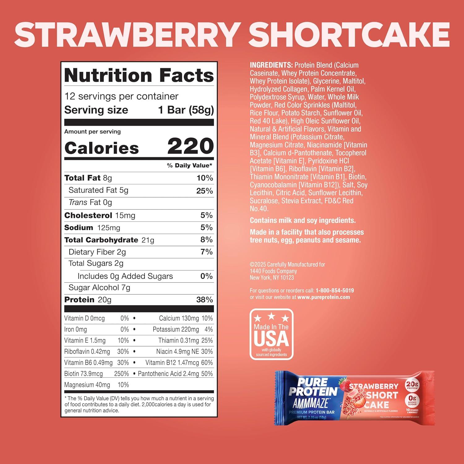 image:imagePure Protein AMMMAZE Blackout Cake Protein Bars 12 Count 20g Protein 3g Fiber No Added Sugar Chocolate Meal Replacement On the Go SnacksStrawberry Shortcake