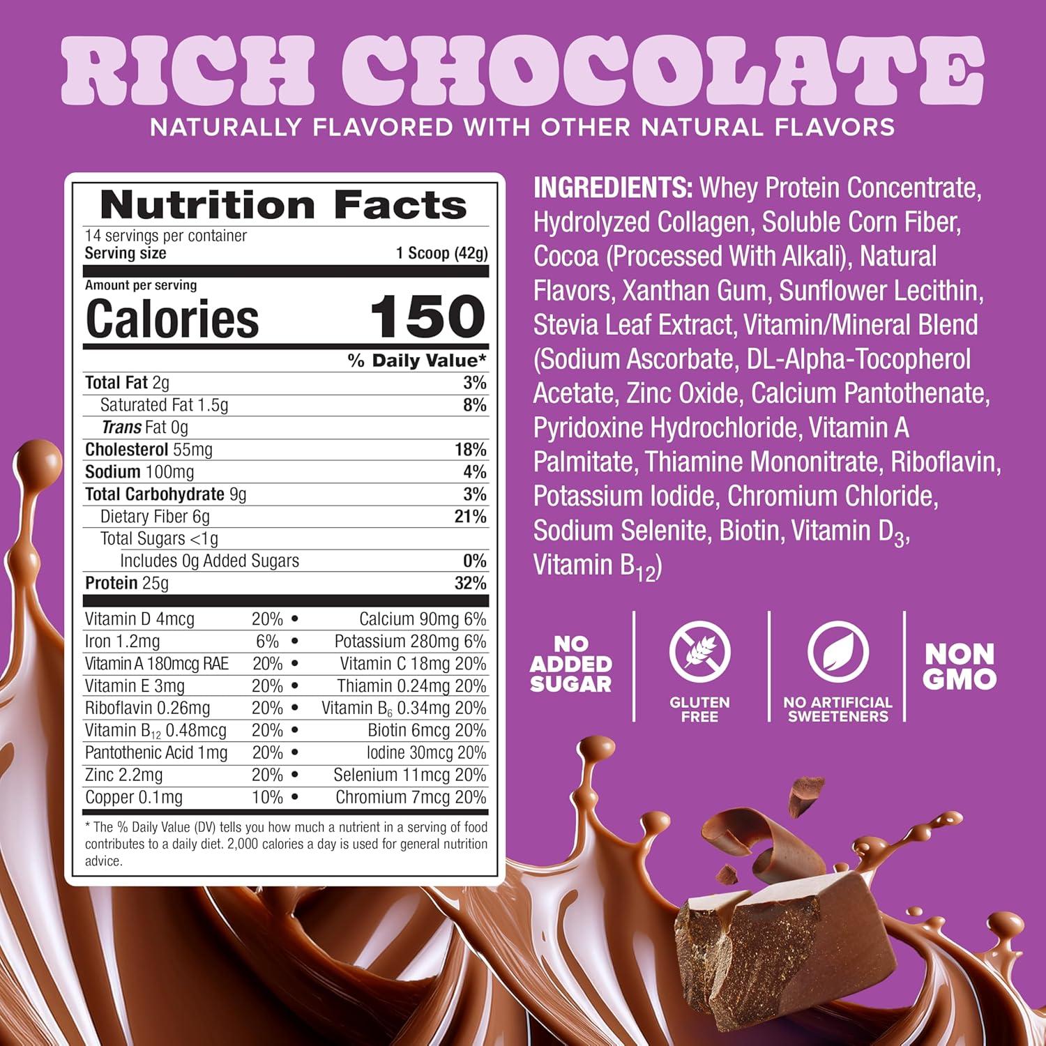 image:imagePure Protein AllInOne Powder Rich Chocolate Whey amp Collagen High Fiber Vitamins No Added Sugar NonGMO GlutenFree 125lbRich Chocolate