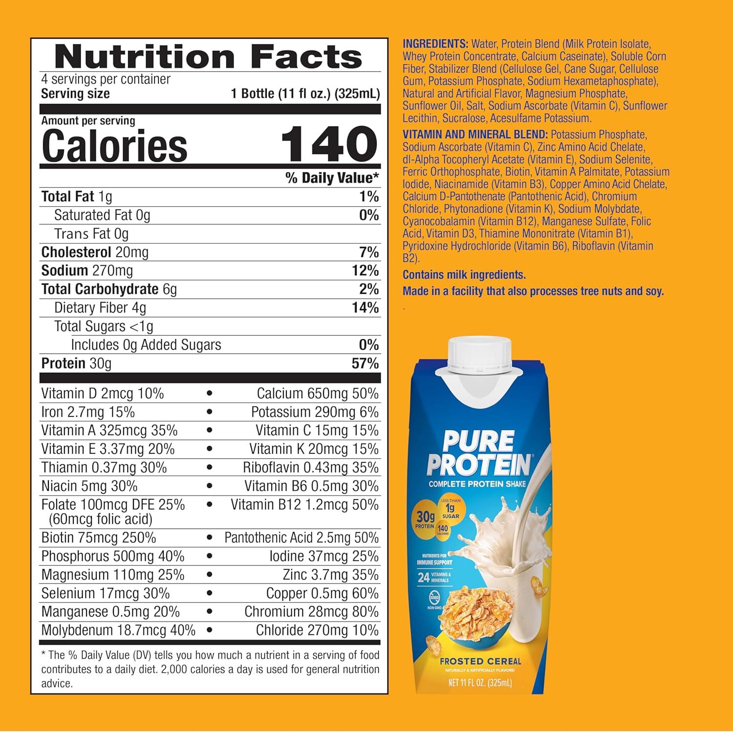 image:imagePure Protein Complete Protein Shake Frosted Cereal 30g High Protein Drink Less than 1g Sugar 4g Fiber Ready to Drink Non GMO OntheGo Shakes 11oz Bottles 12 PackFrosted Cereal