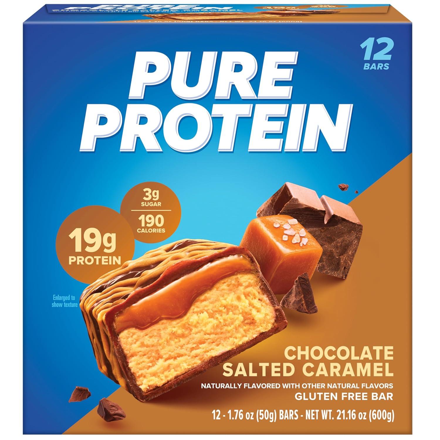 image:imagePure Protein Galactic Brownie Protein Bars 20g Protein 3g Sugar 190 Calories 12 count Low Sugar High Protein Snack Gluten Free Perfect for a Healthy SnackChocolate Salted Caramel