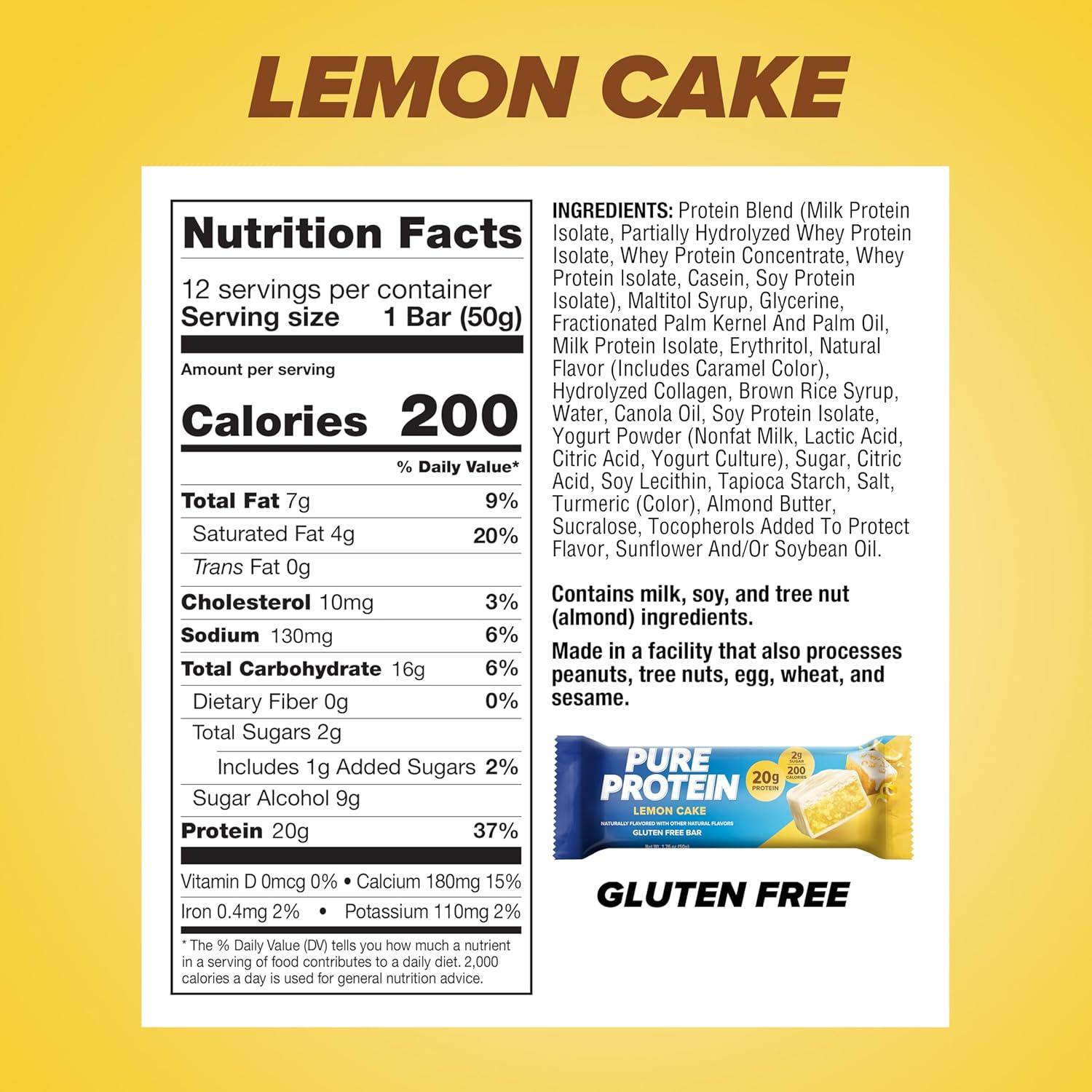 image:imagePure Protein Galactic Brownie Protein Bars 20g Protein 3g Sugar 190 Calories 12 count Low Sugar High Protein Snack Gluten Free Perfect for a Healthy SnackLemon Cake