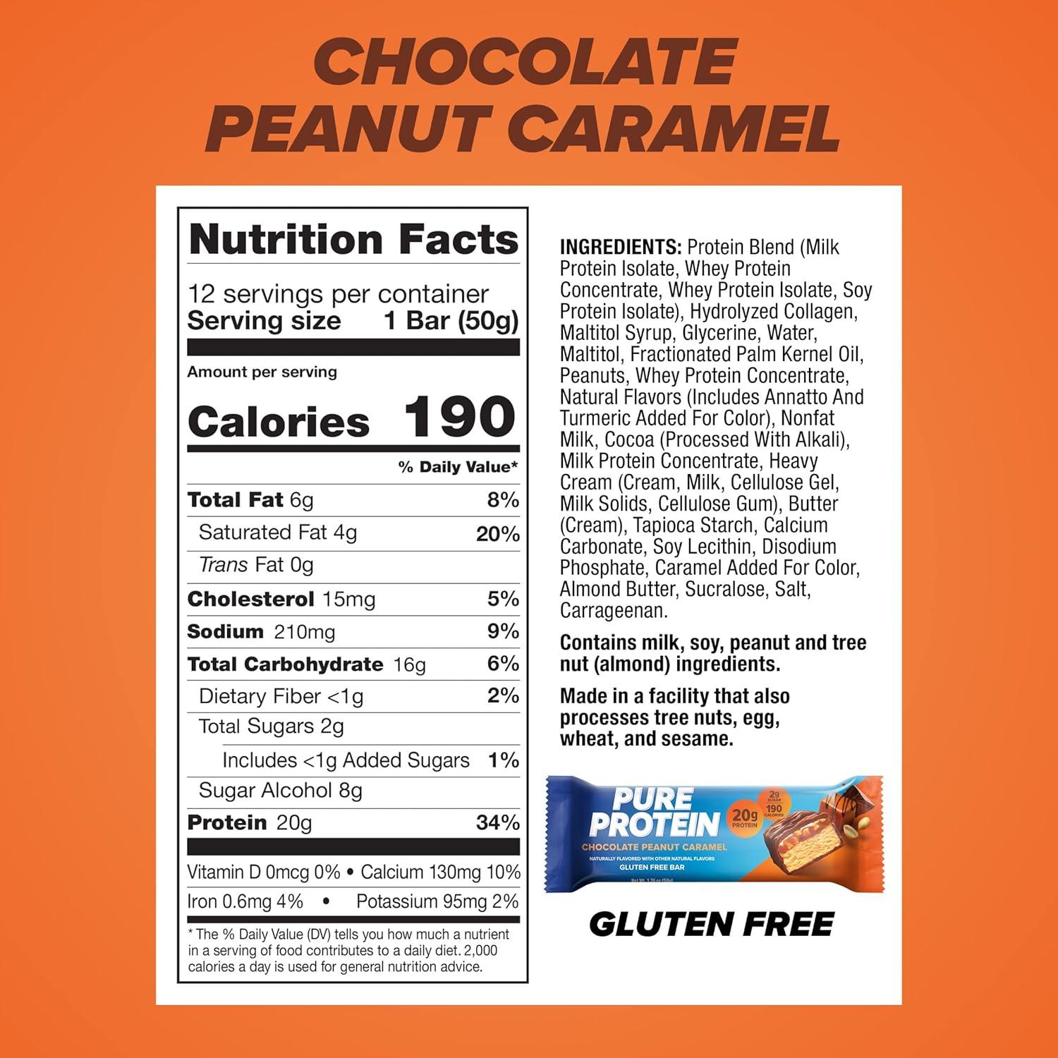 image:imagePure Protein Galactic Brownie Protein Bars 20g Protein 3g Sugar 190 Calories 12 count Low Sugar High Protein Snack Gluten Free Perfect for a Healthy SnackChocolate Peanut Caramel