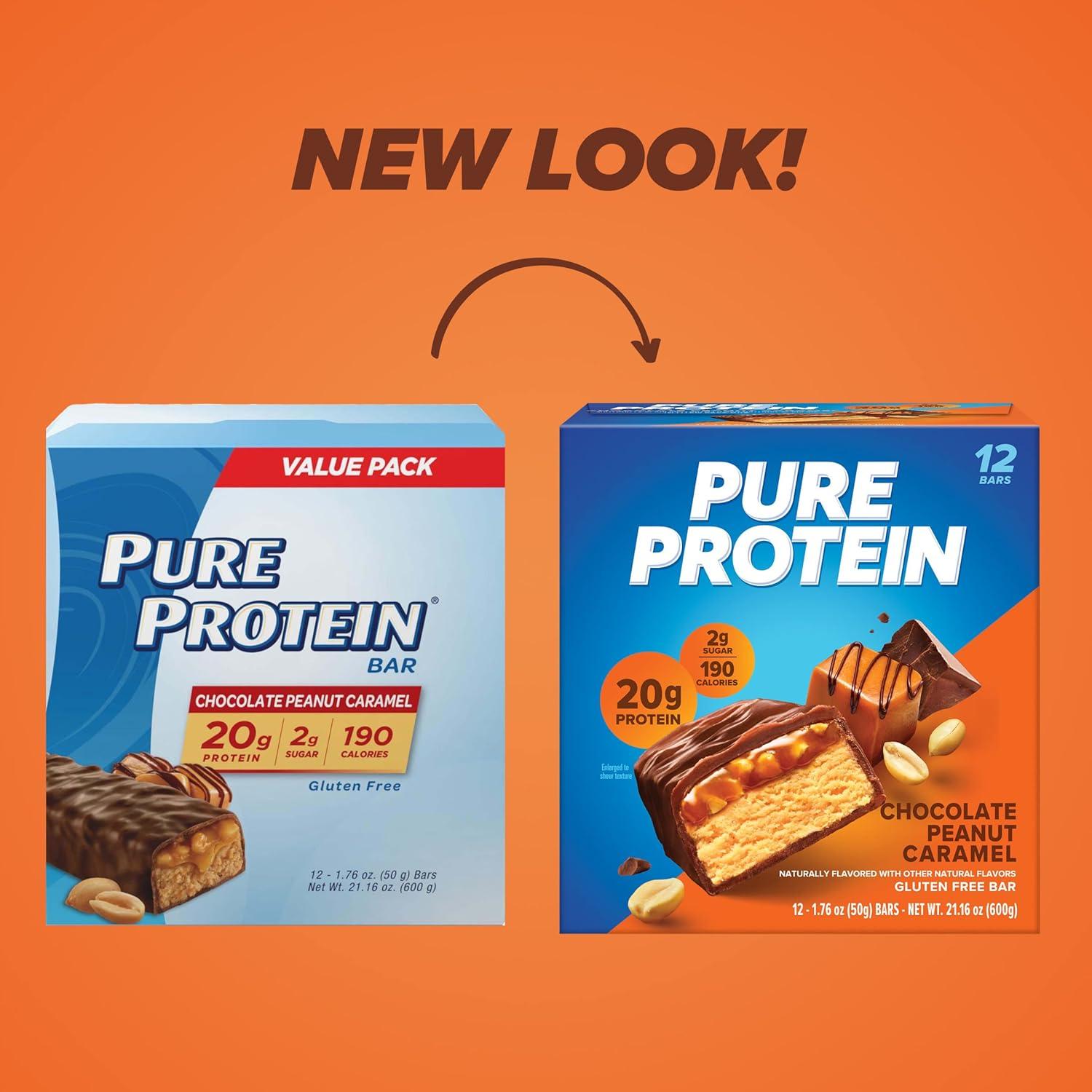 image:imagePure Protein Galactic Brownie Protein Bars 20g Protein 3g Sugar 190 Calories 12 count Low Sugar High Protein Snack Gluten Free Perfect for a Healthy SnackChocolate Peanut Caramel