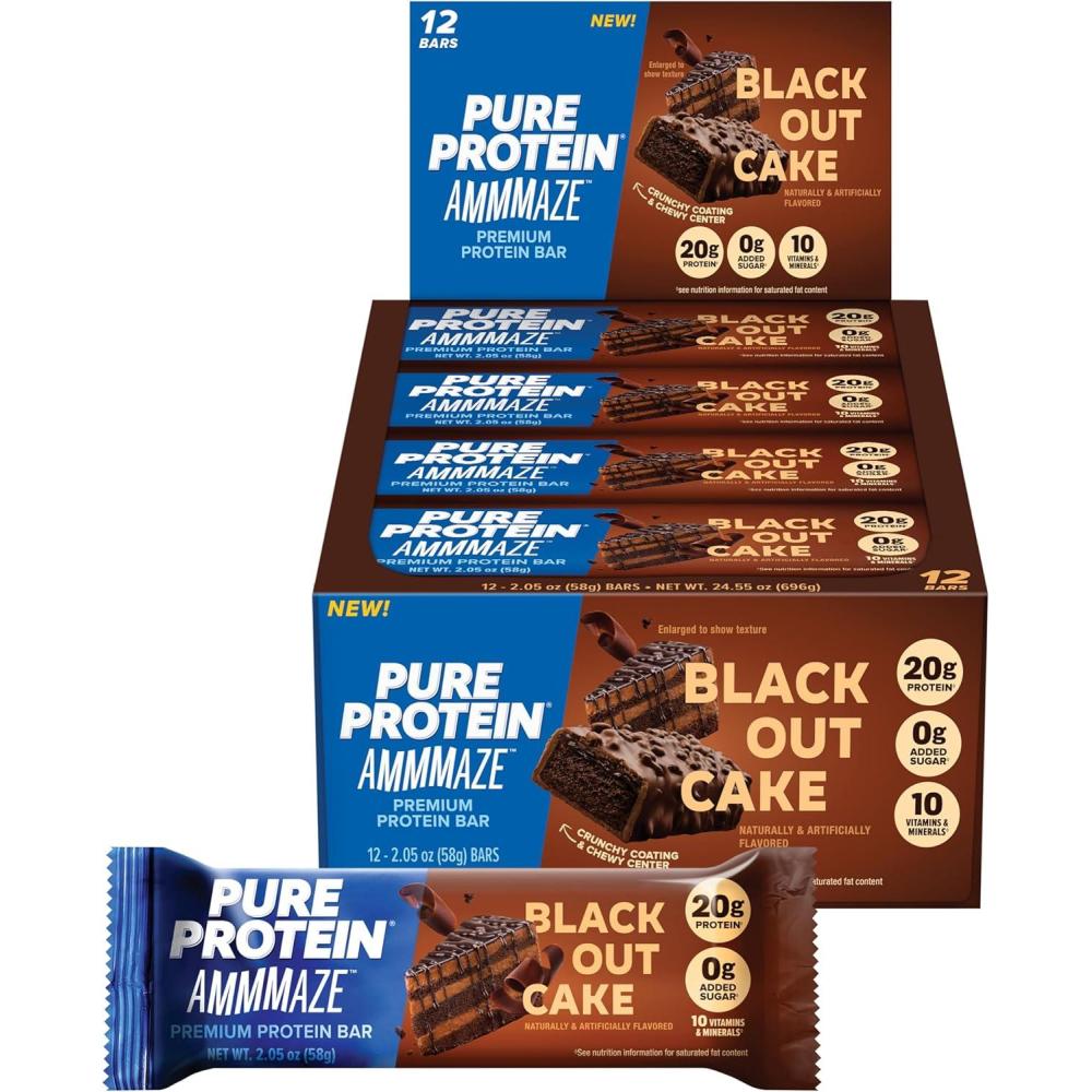 image:imagePure Protein AMMMAZE Blackout Cake Protein Bars 12 Count 20g Protein 3g Fiber No Added Sugar Chocolate Meal Replacement On the Go SnacksBlackout Cake