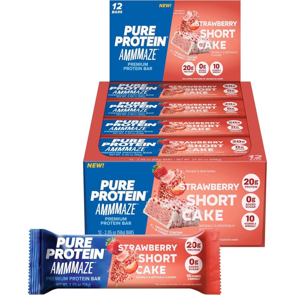 image:imagePure Protein AMMMAZE Blackout Cake Protein Bars 12 Count 20g Protein 3g Fiber No Added Sugar Chocolate Meal Replacement On the Go SnacksStrawberry Shortcake
