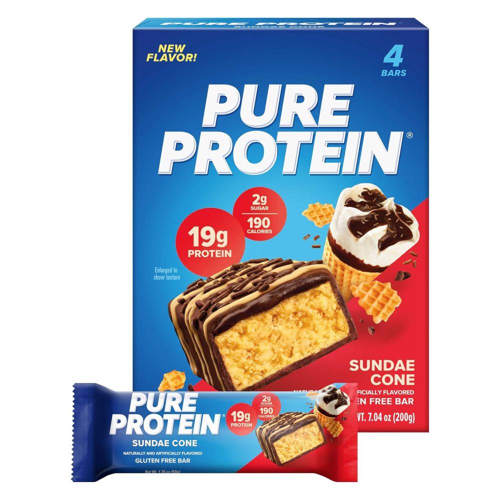 image:imagePure Protein Fruity PEBBLES Protein Bars 20g Protein 3g Sugar 190 Calories 4 count Low Sugar High Protein Snack Gluten Free Perfect for a Healthy SnackSundae Cone