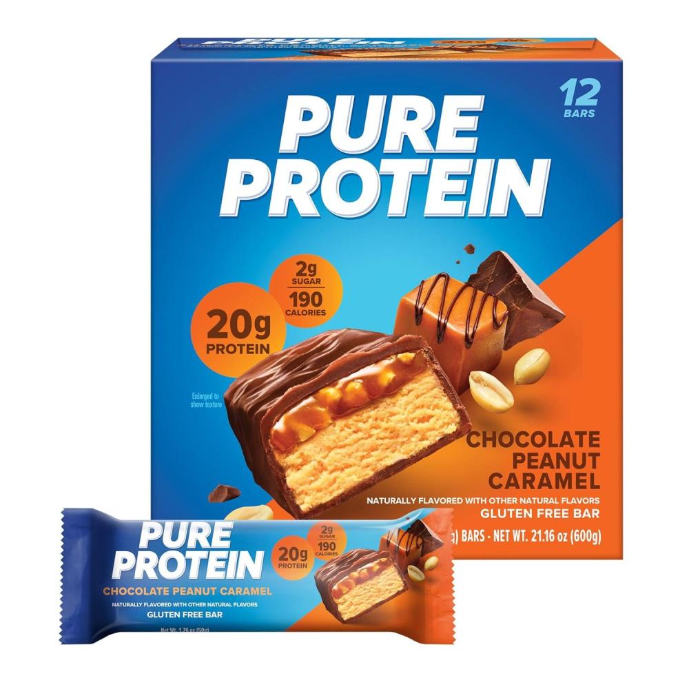 image:imagePure Protein Galactic Brownie Protein Bars 20g Protein 3g Sugar 190 Calories 12 count Low Sugar High Protein Snack Gluten Free Perfect for a Healthy SnackChocolate Peanut Caramel