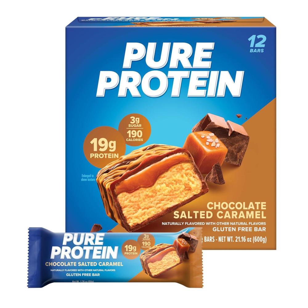 image:imagePure Protein Galactic Brownie Protein Bars 20g Protein 3g Sugar 190 Calories 12 count Low Sugar High Protein Snack Gluten Free Perfect for a Healthy SnackChocolate Salted Caramel