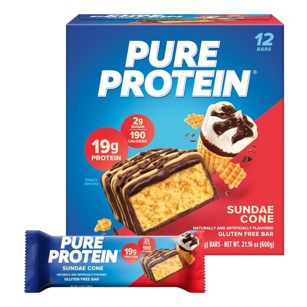 image:imagePure Protein Galactic Brownie Protein Bars 20g Protein 3g Sugar 190 Calories 12 count Low Sugar High Protein Snack Gluten Free Perfect for a Healthy SnackSundae Cone