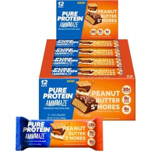 image:imagePure Protein AMMMAZE Blackout Cake Protein Bars 12 Count  20g Protein 3g Fiber No Added Sugar  Chocolate Meal Replacement  On the Go SnacksPeanut Butter Smores