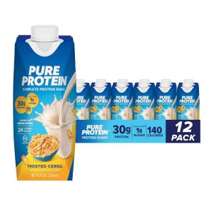 image:imagePure Protein Complete Protein Shake Frosted Cereal 30g High Protein Drink Less than 1g Sugar 4g Fiber Ready to Drink Non GMO OntheGo Shakes 11oz Bottles 12 PackFrosted Cereal