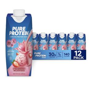 image:imagePure Protein Complete Protein Shake Frosted Cereal 30g High Protein Drink Less than 1g Sugar 4g Fiber Ready to Drink Non GMO OntheGo Shakes 11oz Bottles 12 PackStrawberry