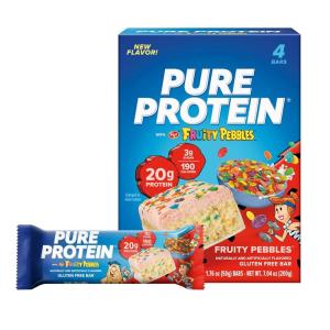 image:imagePure Protein Fruity PEBBLES Protein Bars  20g Protein 3g Sugar 190 Calories 4 count Low Sugar High Protein Snack  Gluten Free  Perfect for a Healthy SnackFruity Pebbles