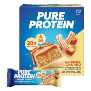 image:imagePure Protein Galactic Brownie Protein Bars  20g Protein 3g Sugar 190 Calories 12 count Low Sugar High Protein Snack  Gluten Free  Perfect for a Healthy SnackCaramel Churro